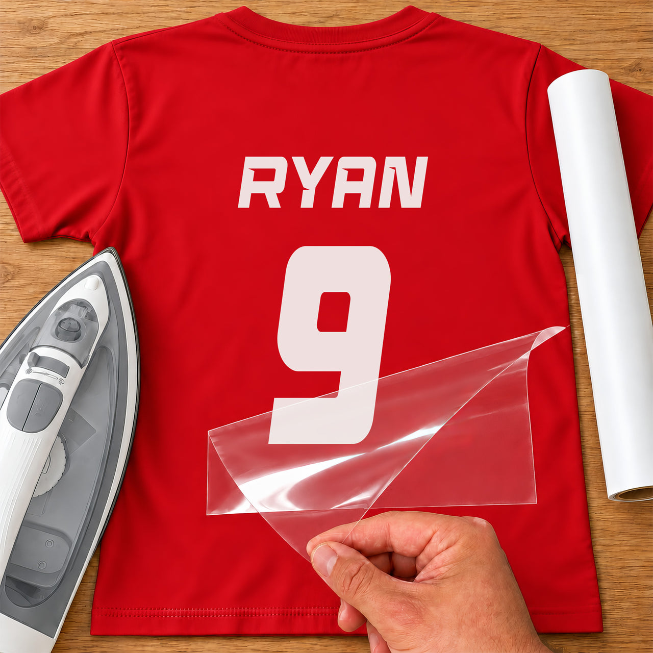 Rugby Shirt Name Number iron-on transfer: white RYAN 9 on a red T-shirt, film being peeled