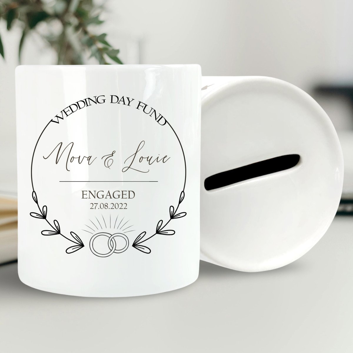 Personalised Savings Jar - Engagement Fund - Bride & Groom - Elegant Design - DENMARY