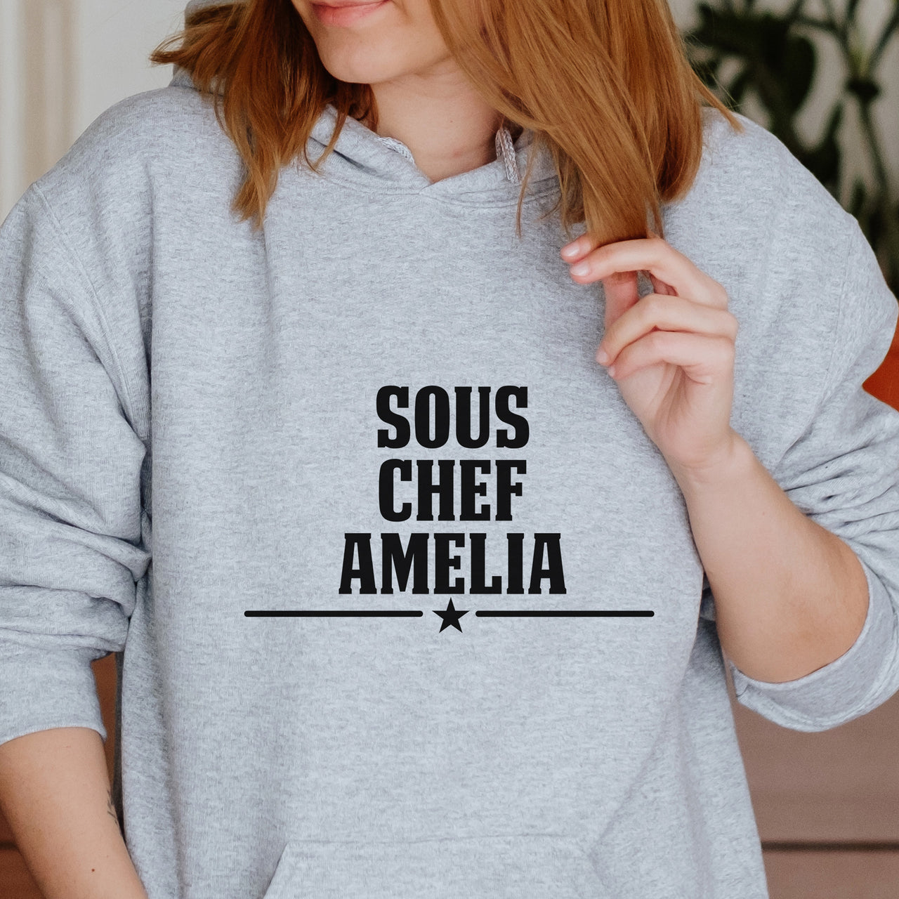 Personalised Sous Chef Name Iron-On Transfer shown on a hoodie
