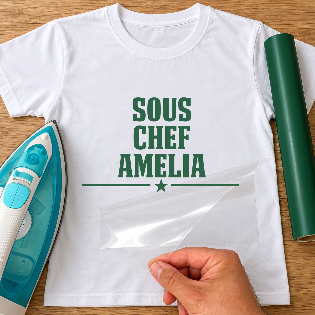Sous Chef name iron-on transfer: green SOUS CHEF AMELIA with a star on a white T-shirt, film being peeled