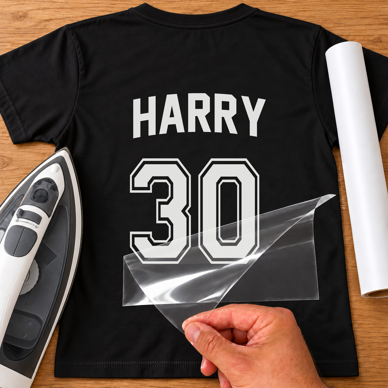 Black T-shirt back with white 'HARRY' and outlined '30', sports jersey iron-on transfer