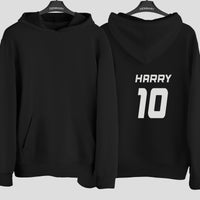 Personalised Sports Shirt Name Number Iron-On Transfer shown on a hoodie