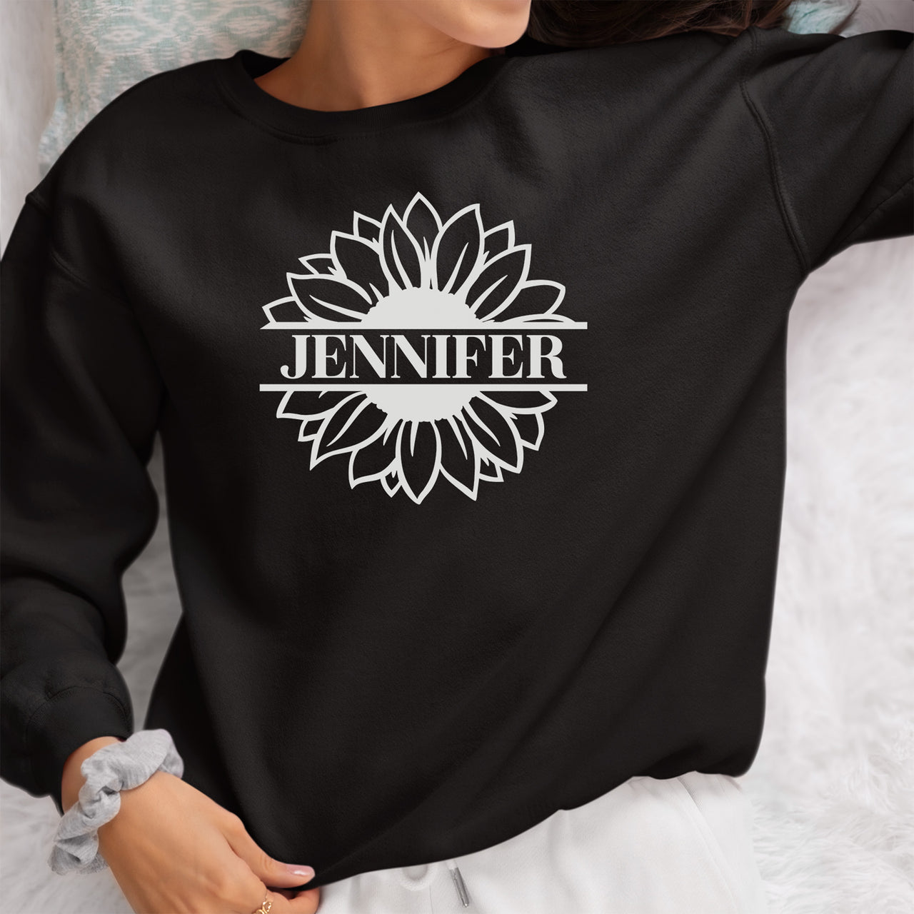 Personalised Sunflower Split Name Iron-On - DENMARY HTV shown on a sweatshirt