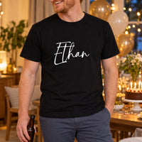 Personalised Team Bundle 5+ Names Iron-On Transfer, shown on a black t-shirt