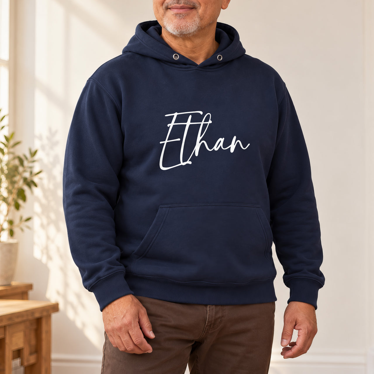 Personalised Team Bundle 5+ Names Iron-On Transfer, shown on a navy hoodie