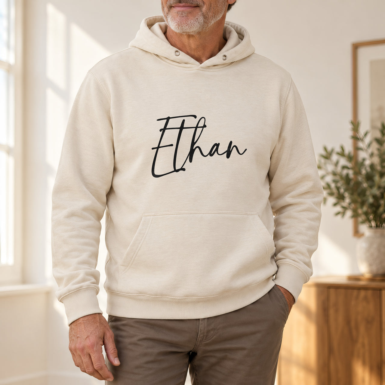Personalised Team Bundle 5+ Names Iron-On Transfer, shown on a natural hoodie