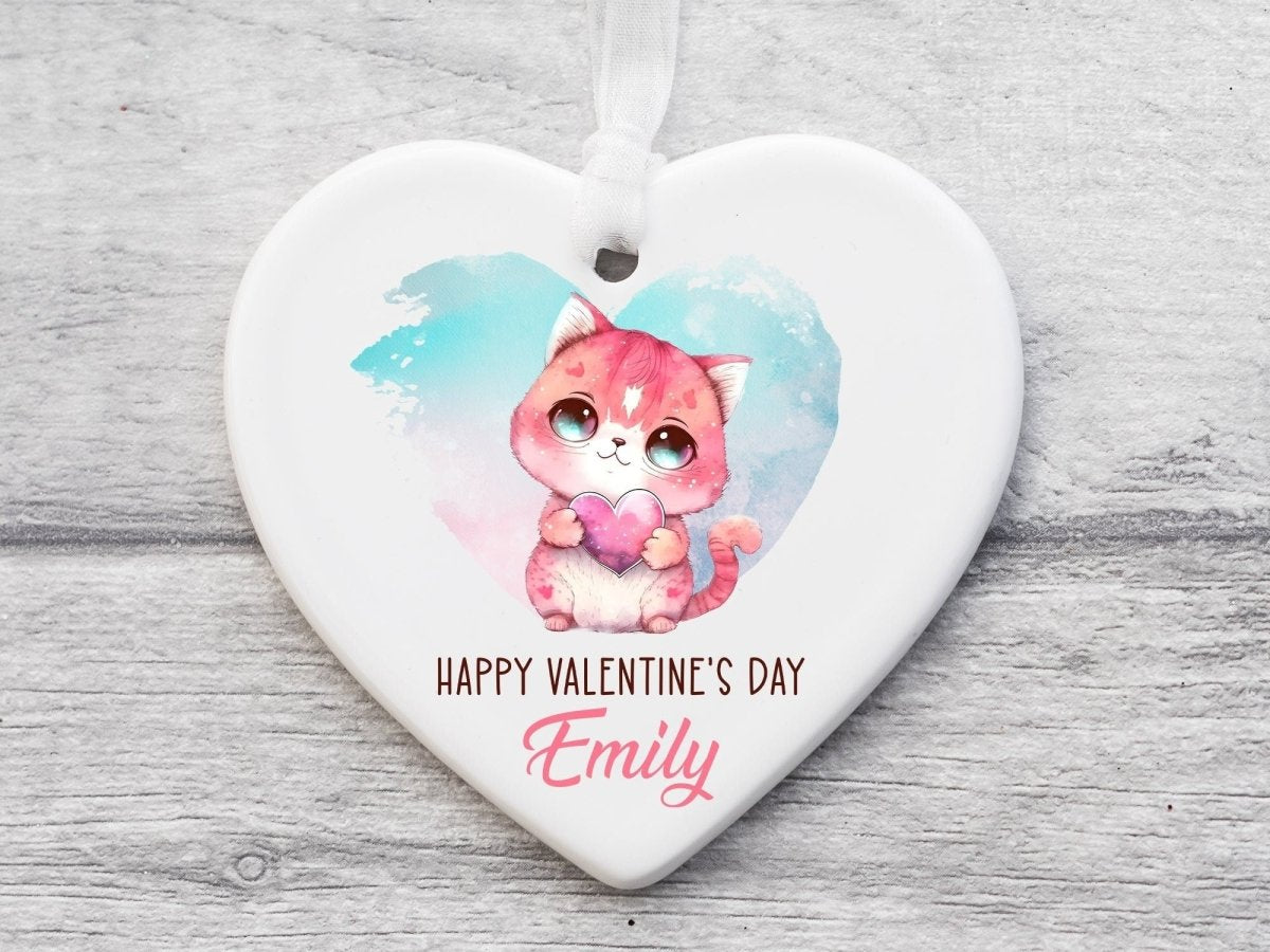 Personalised Valentine's Heart - Ceramic Cat Ornament - Couples Keepsake - DENMARY