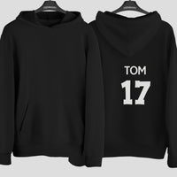 Personalised Volleyball Shirt Name Number Iron-On Transfer shown on a hoodie