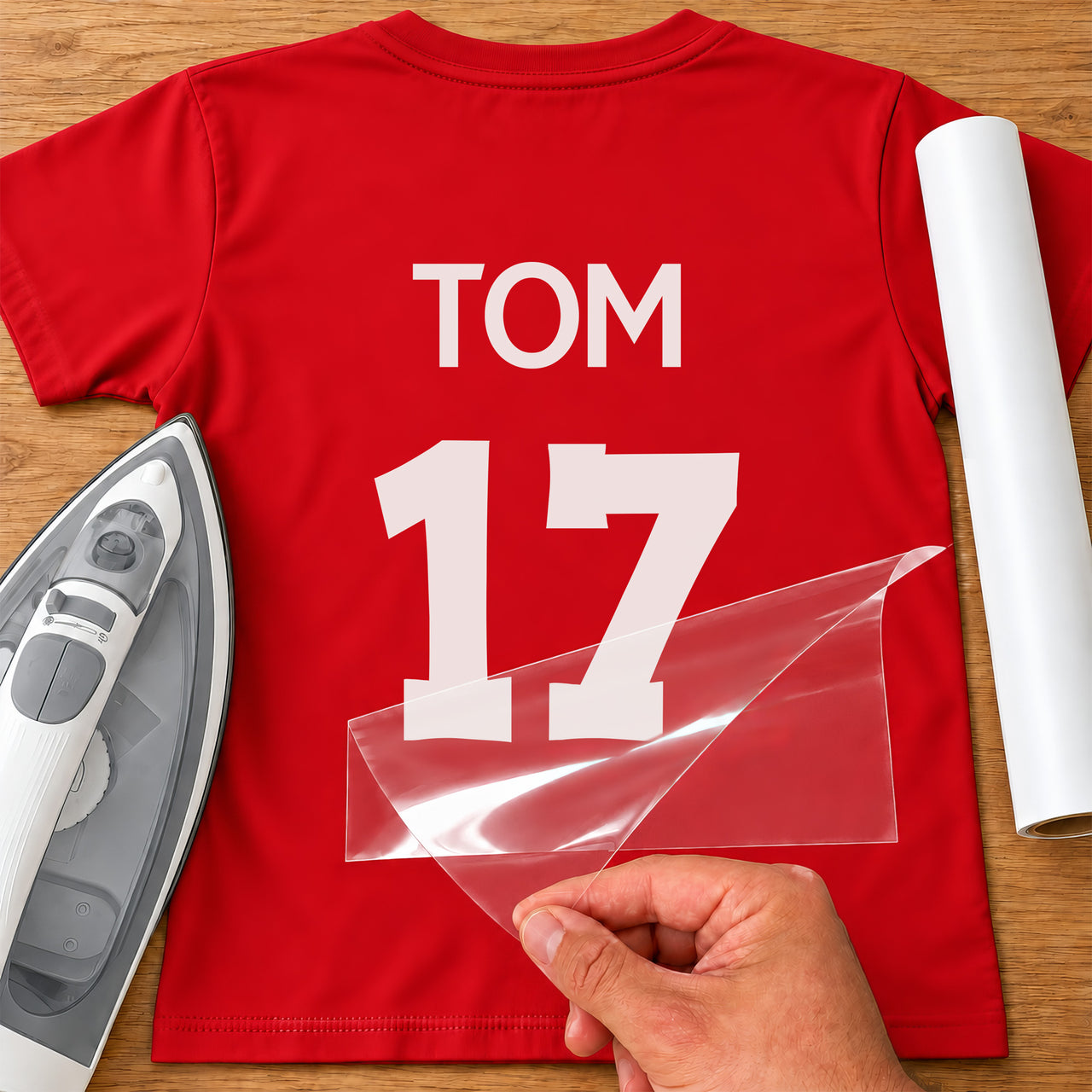 Volleyball Shirt Name Number iron-on transfer: white TOM 17 on a red T-shirt, film being peeled