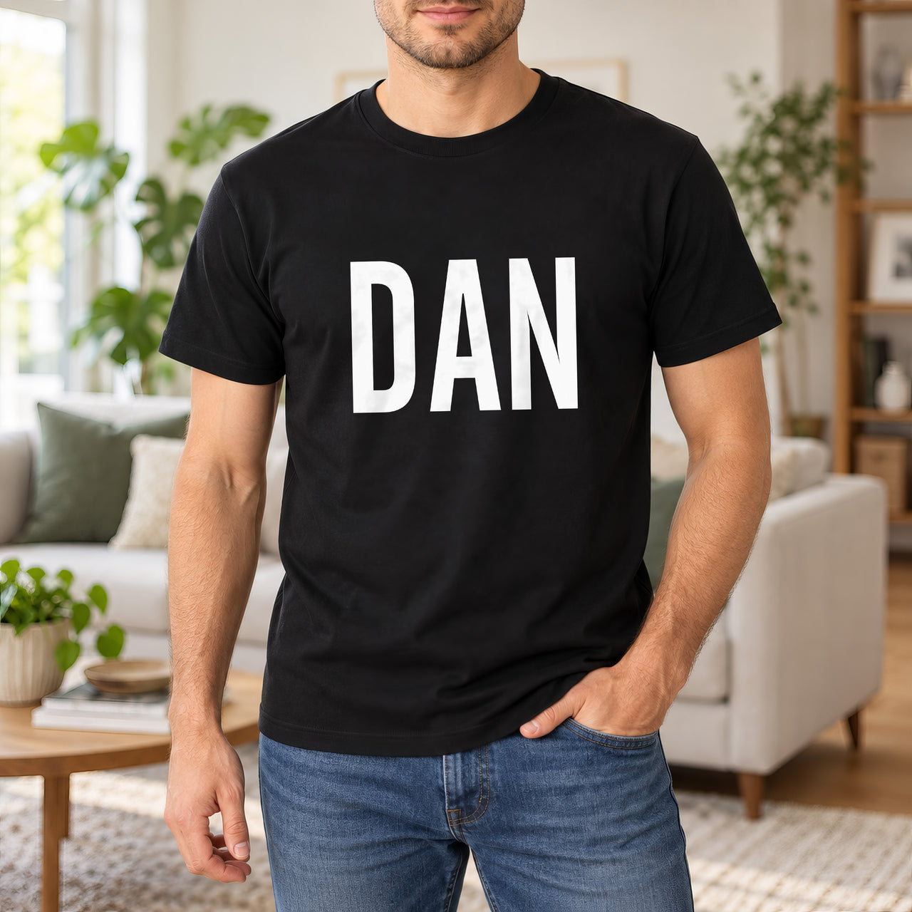 Personalised Window Cleaner Name Iron-On Transfer, shown on a black t-shirt