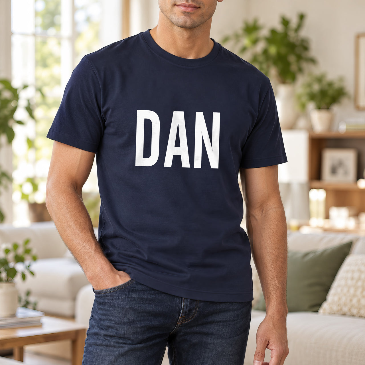 Personalised Window Cleaner Name Iron-On Transfer, shown on a navy t-shirt