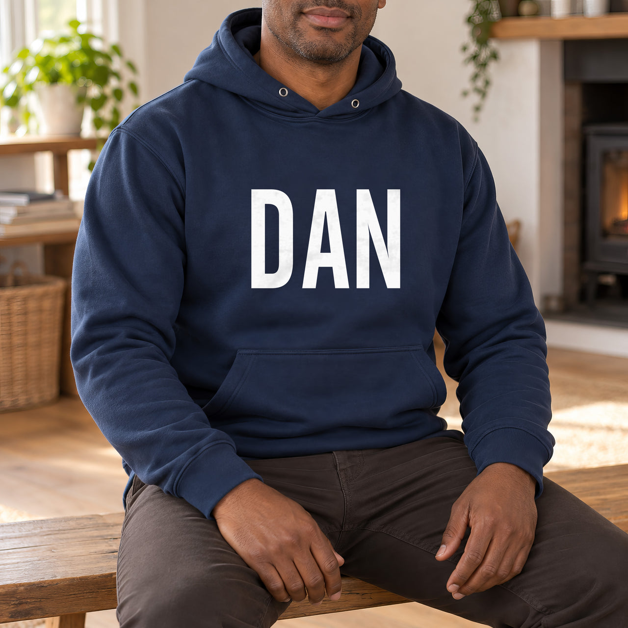 Personalised Window Cleaner Name Iron-On Transfer, shown on a navy hoodie