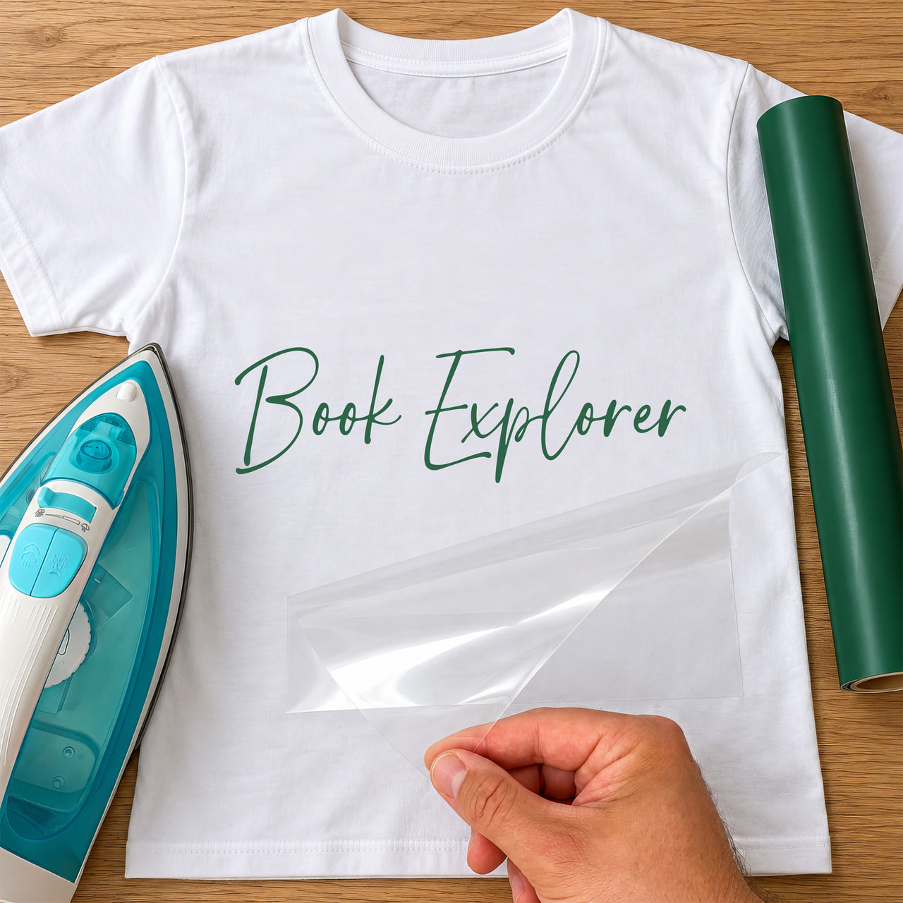 World Book Day iron-on transfer: green script Book Explorer on a white T-shirt, film being peeled