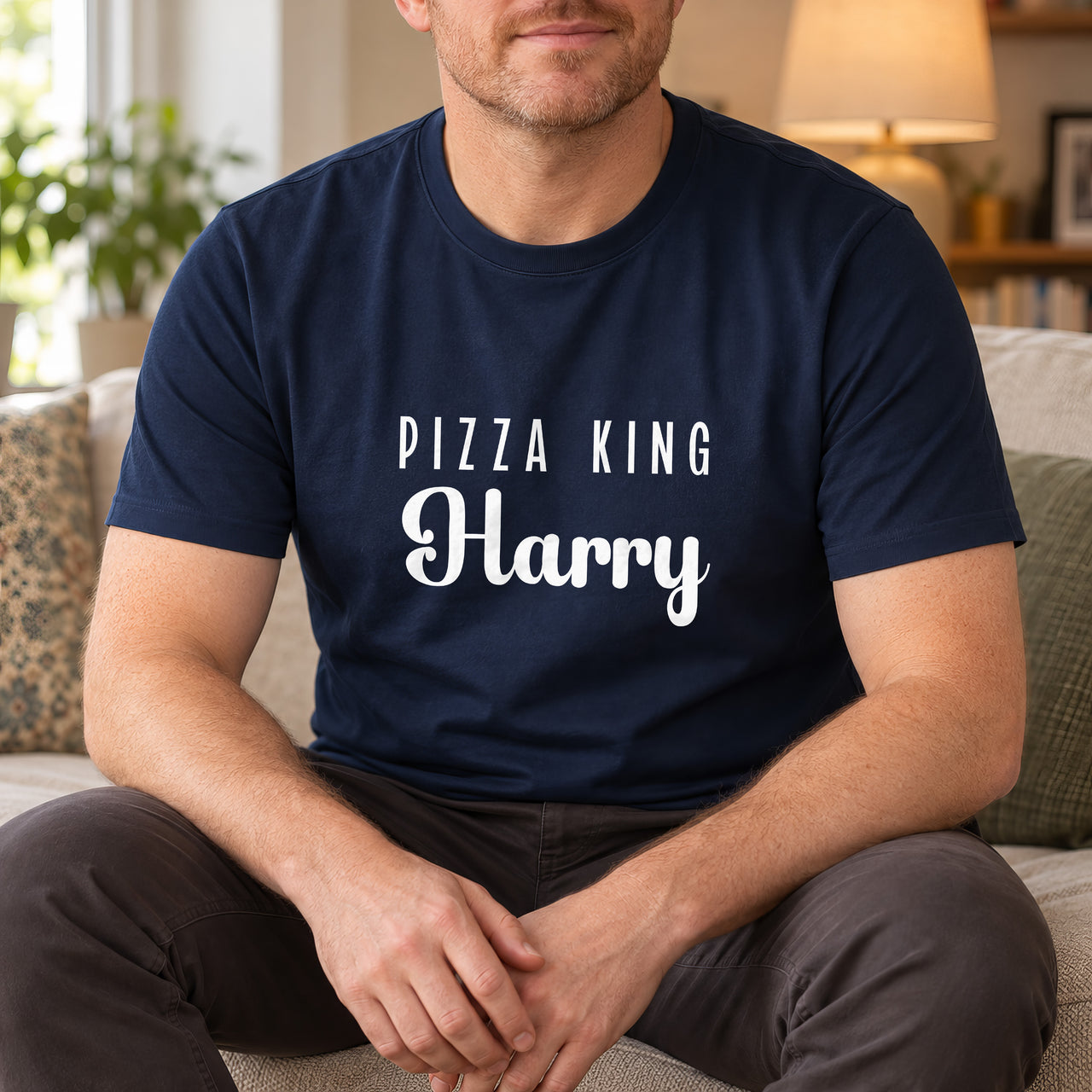 Pizza King Iron-On Transfer - Personalised Name Badge Design, shown on a navy t-shirt