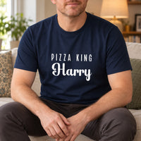 Pizza King Iron-On Transfer - Personalised Name Badge Design, shown on a navy t-shirt