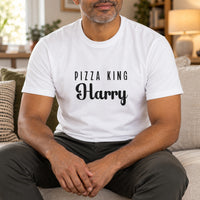 Pizza King Iron-On Transfer - Personalised Name Badge Design, shown on a white t-shirt