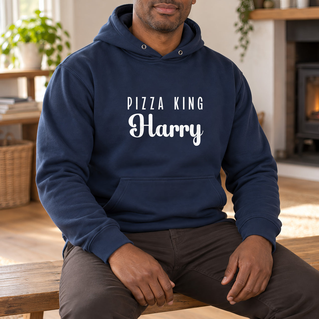 Pizza King Iron-On Transfer - Personalised Name Badge Design, shown on a navy hoodie