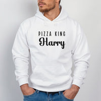 Pizza King Iron-On Transfer - Personalised Name Badge Design shown on a hoodie