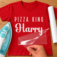 Pizza King name iron-on transfer: white PIZZA KING Harry on a red T-shirt, film being peeled