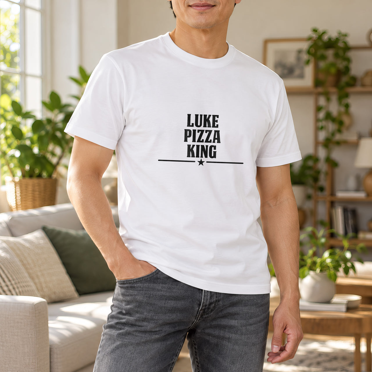 Pizza King Iron-On Transfer - Personalised Name Design, shown on a white t-shirt