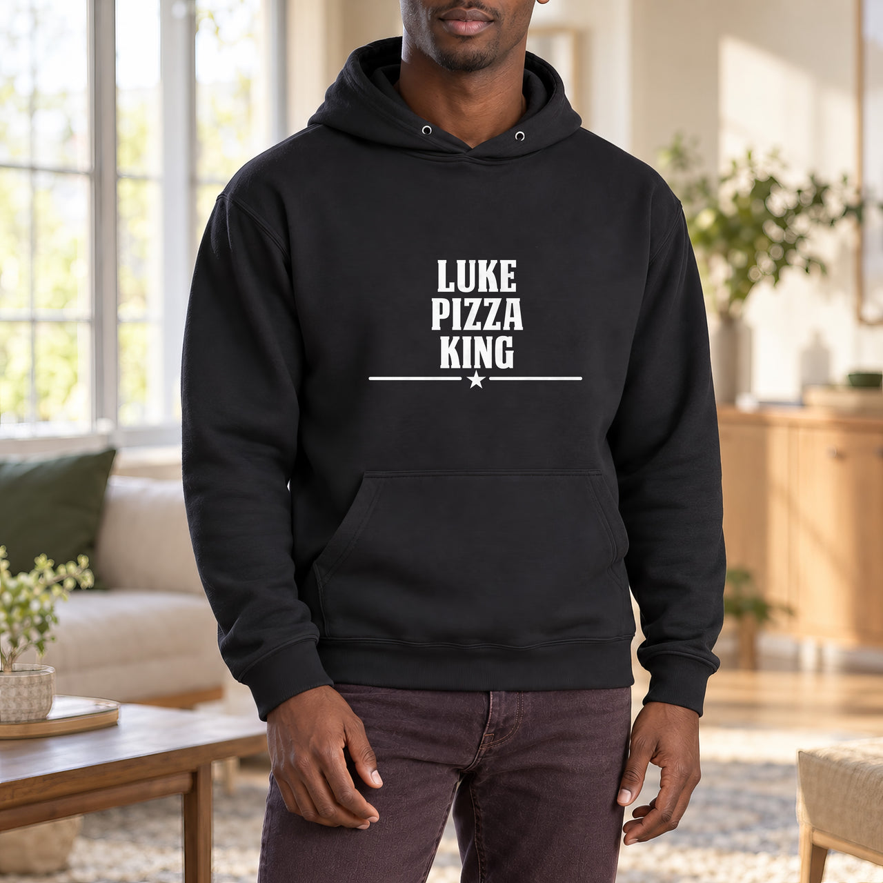 Pizza King Iron-On Transfer - Personalised Name Design, shown on a black hoodie