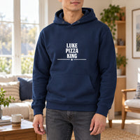 Pizza King Iron-On Transfer - Personalised Name Design, shown on a navy hoodie