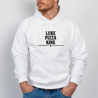 Pizza King Pocket Iron-On Transfer - Personalised Name Badge Design shown on a hoodie