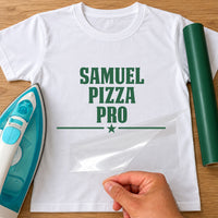 Green vinyl 'SAMUEL PIZZA PRO' with a star and line on a white T-shirt mockup, backing sheet peeled off