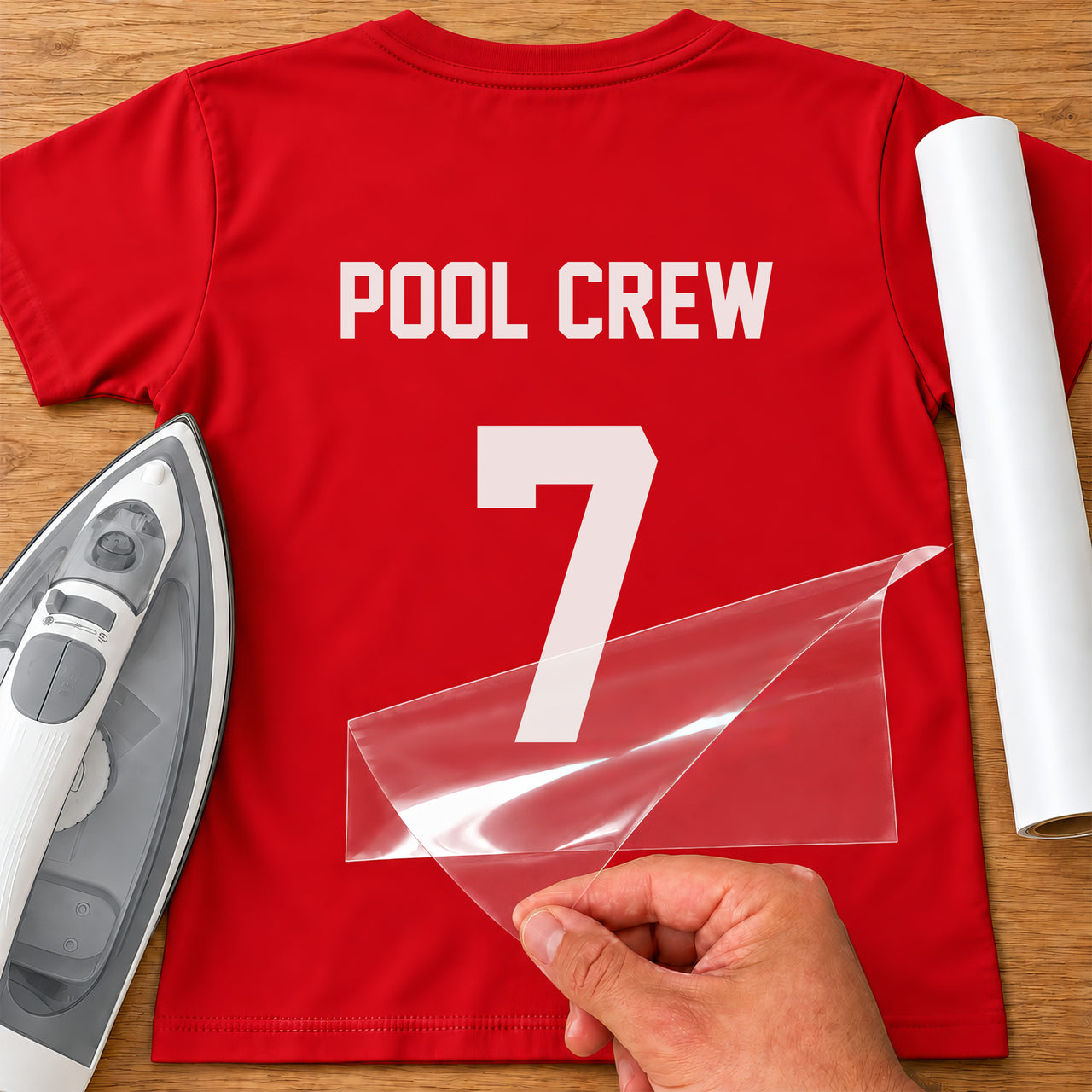Pool Team Name & Number iron-on transfer: white POOL CREW 7 on a red T-shirt, film being peeled