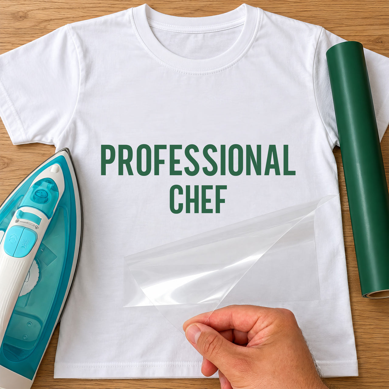Professional Chef iron-on transfer: green PROFESSIONAL CHEF on a white T-shirt, film being peeled