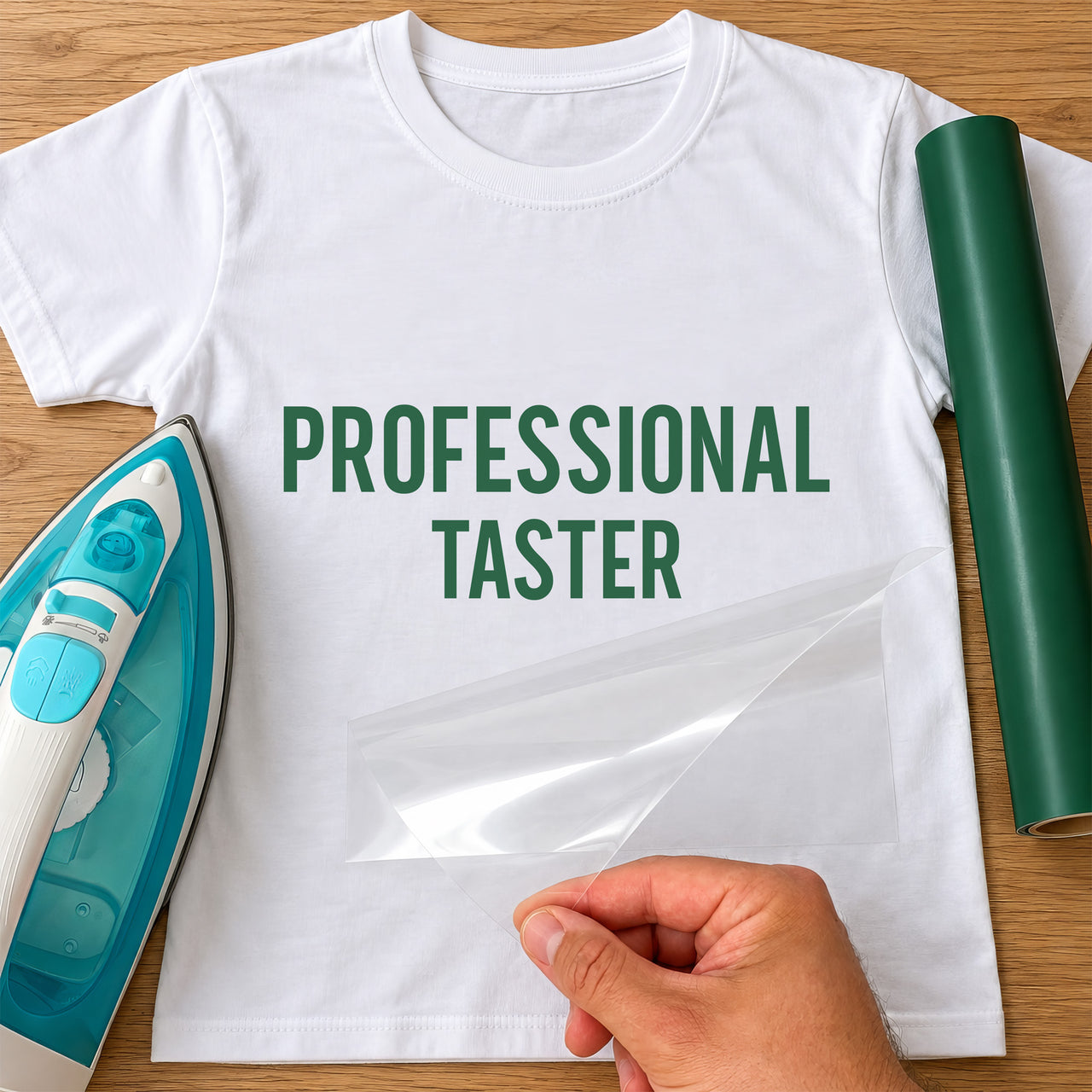 Professional Taster Apron iron-on transfer: green PROFESSIONAL TASTER on a white T-shirt, film being peeled