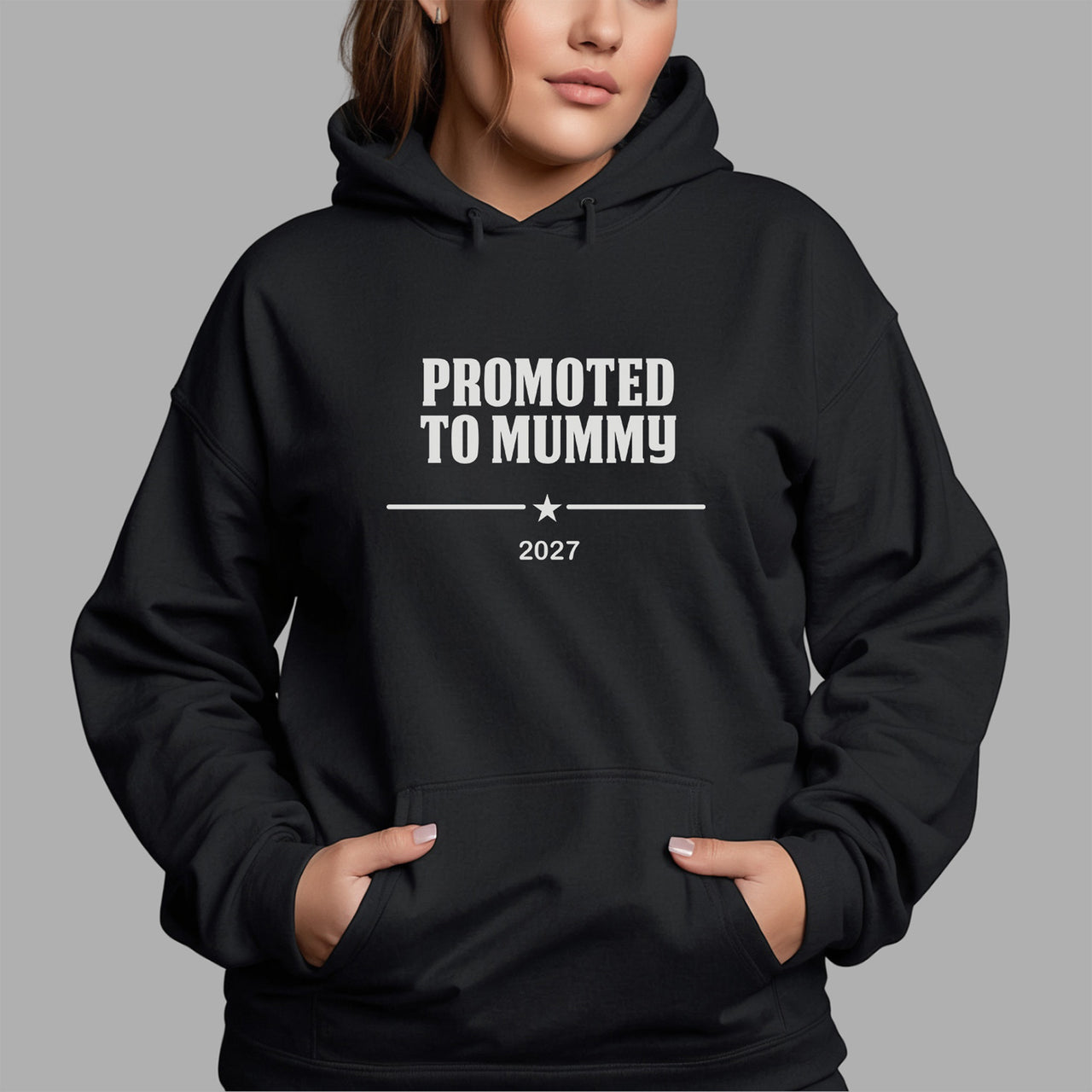 Promoted To Mummy Iron-On Transfer - Personalised New Mum HTV Design shown on a hoodie