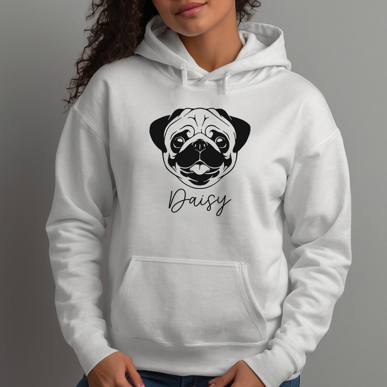 Pug Iron-On Transfer - Personalised Pet Name Design shown on a hoodie