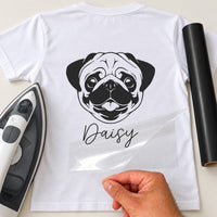White T-shirt with black pug face and 'Daisy' name in script iron-on transfer, iron and black vinyl roll