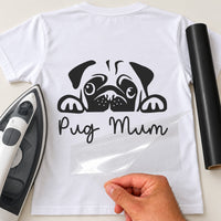 White T-shirt mockup with a black peeking pug face, paws and handwritten 