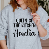 Queen Of The Kitchen Iron-On Transfer - Personalised Name & Knives Design shown on a hoodie