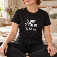 Queen Of The Kitchen Iron-On Transfer - Personalised Name Above, shown on a black t-shirt