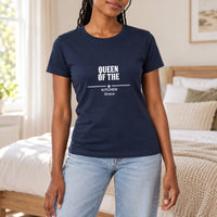 Queen Of The Kitchen Iron-On Transfer - Personalised Name Stacked, shown on a navy t-shirt
