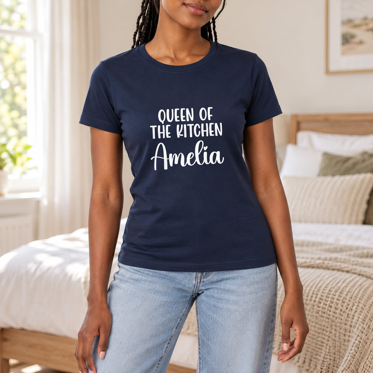 Queen Of The Kitchen Iron-On Transfer - Large Name Below, shown on a navy t-shirt
