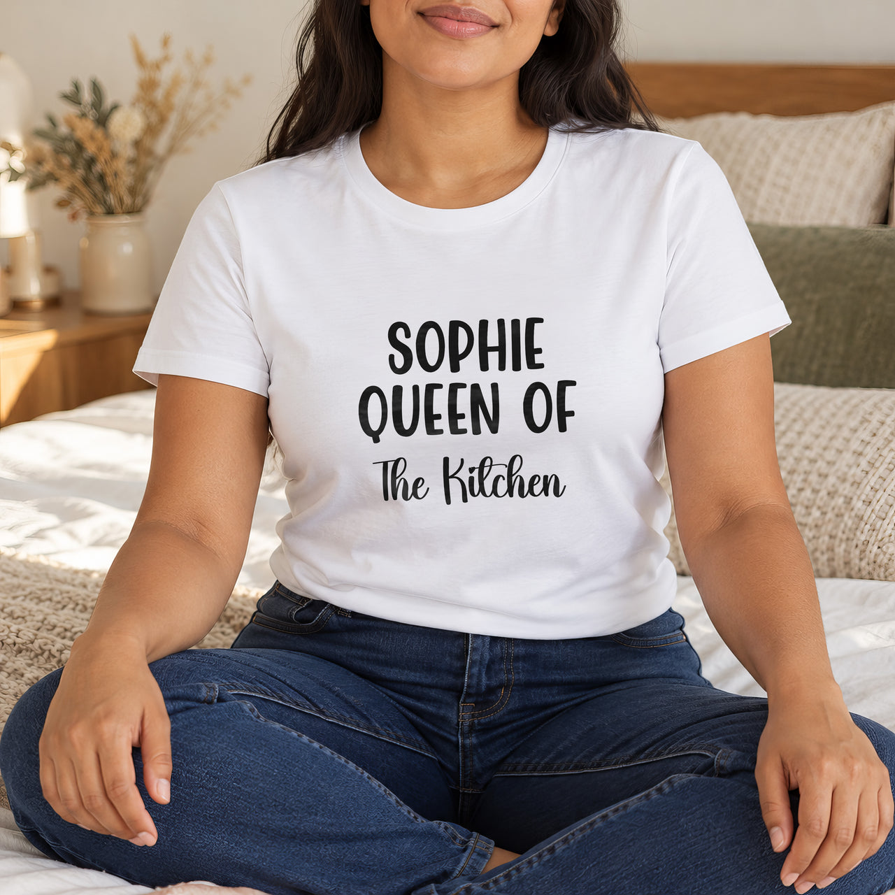 Queen Of The Kitchen Iron-On Transfer - Personalised Name Above, shown on a white t-shirt