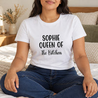 Queen Of The Kitchen Iron-On Transfer - Personalised Name Above, shown on a white t-shirt