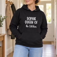 Queen Of The Kitchen Iron-On Transfer - Personalised Name Above, shown on a black hoodie