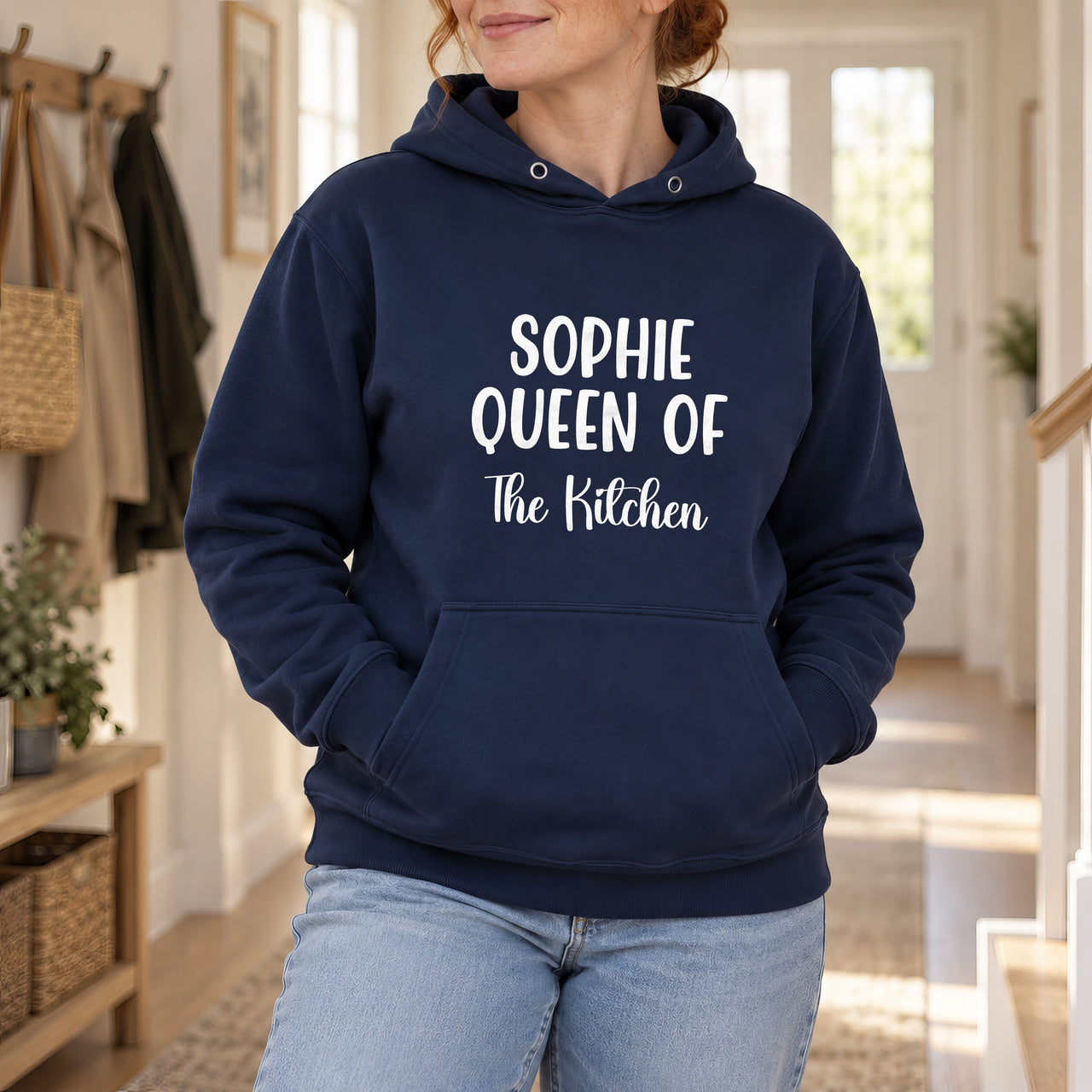 Queen Of The Kitchen Iron-On Transfer - Personalised Name Above, shown on a navy hoodie