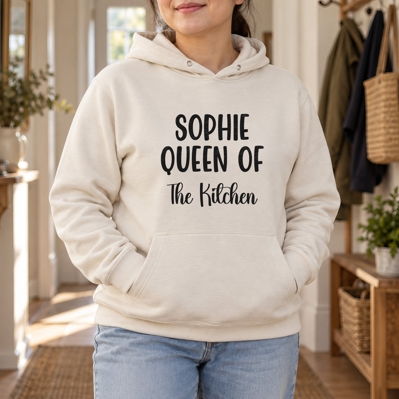 Queen Of The Kitchen Iron-On Transfer - Personalised Name Above, shown on a natural hoodie
