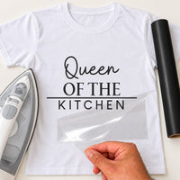 White T-shirt with 'Queen OF THE KITCHEN' in black, 'Queen' in script above a line, iron-on vinyl transfer