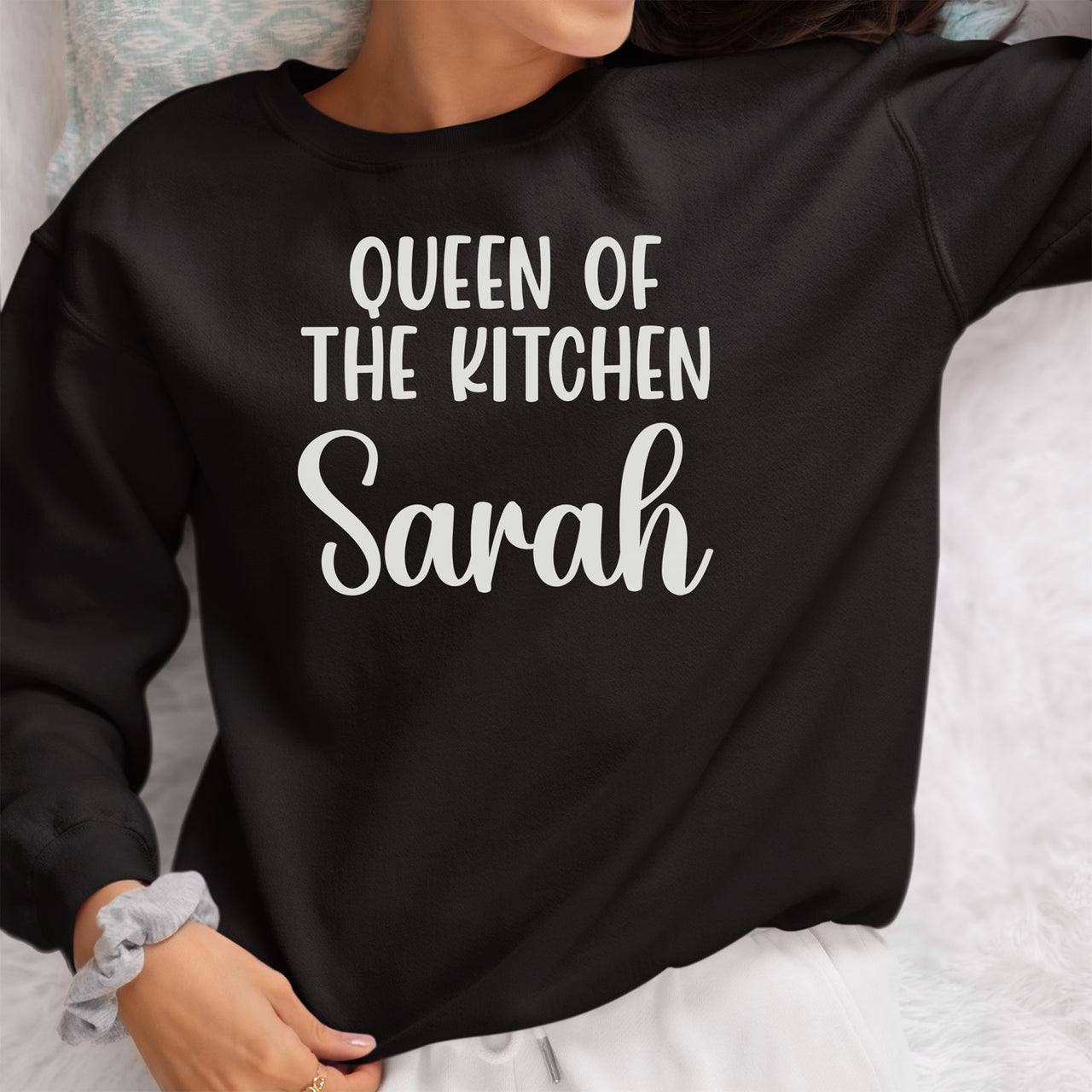 Queen Of The Kitchen Personalised Iron-On Transfer shown on a sweatshirt