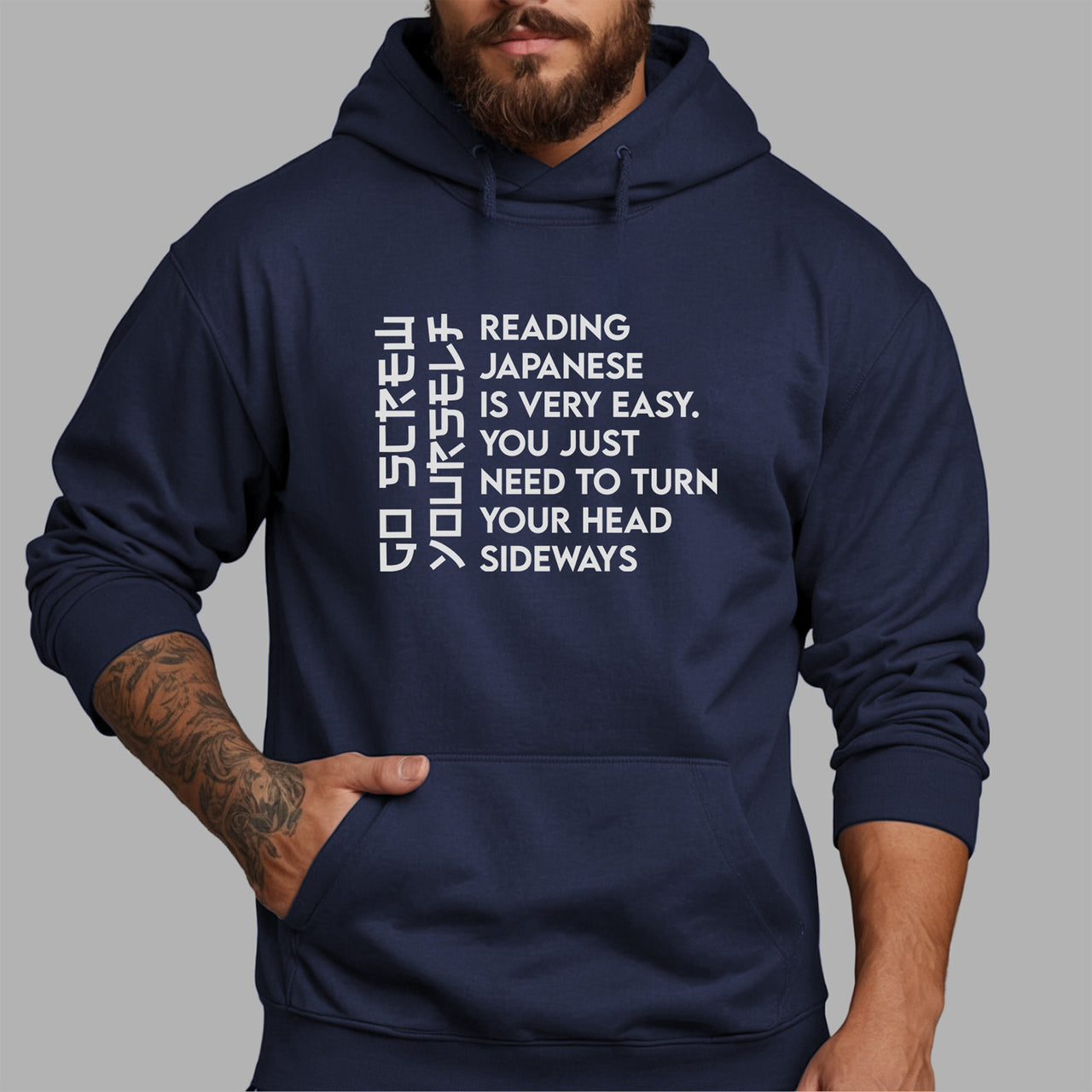 Read Sideways Novelty Iron-On Transfer shown on a hoodie