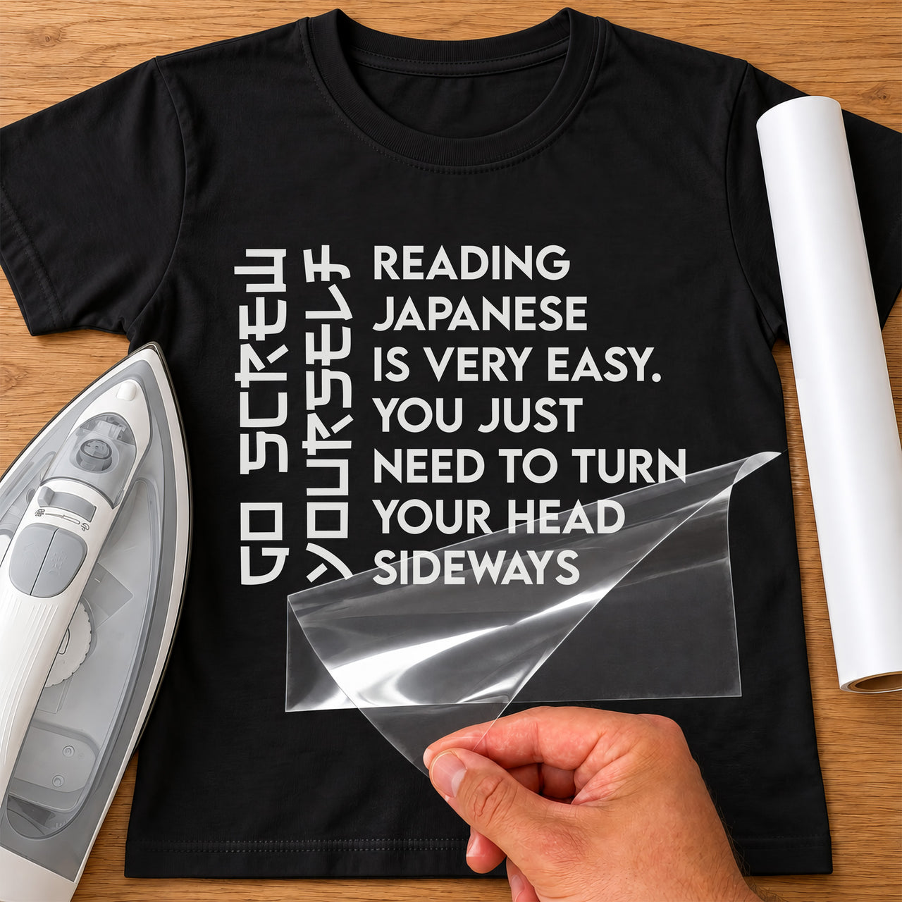Black T-shirt with white iron-on transfer of vertical sideways lettering and a joke about reading, film being peeled