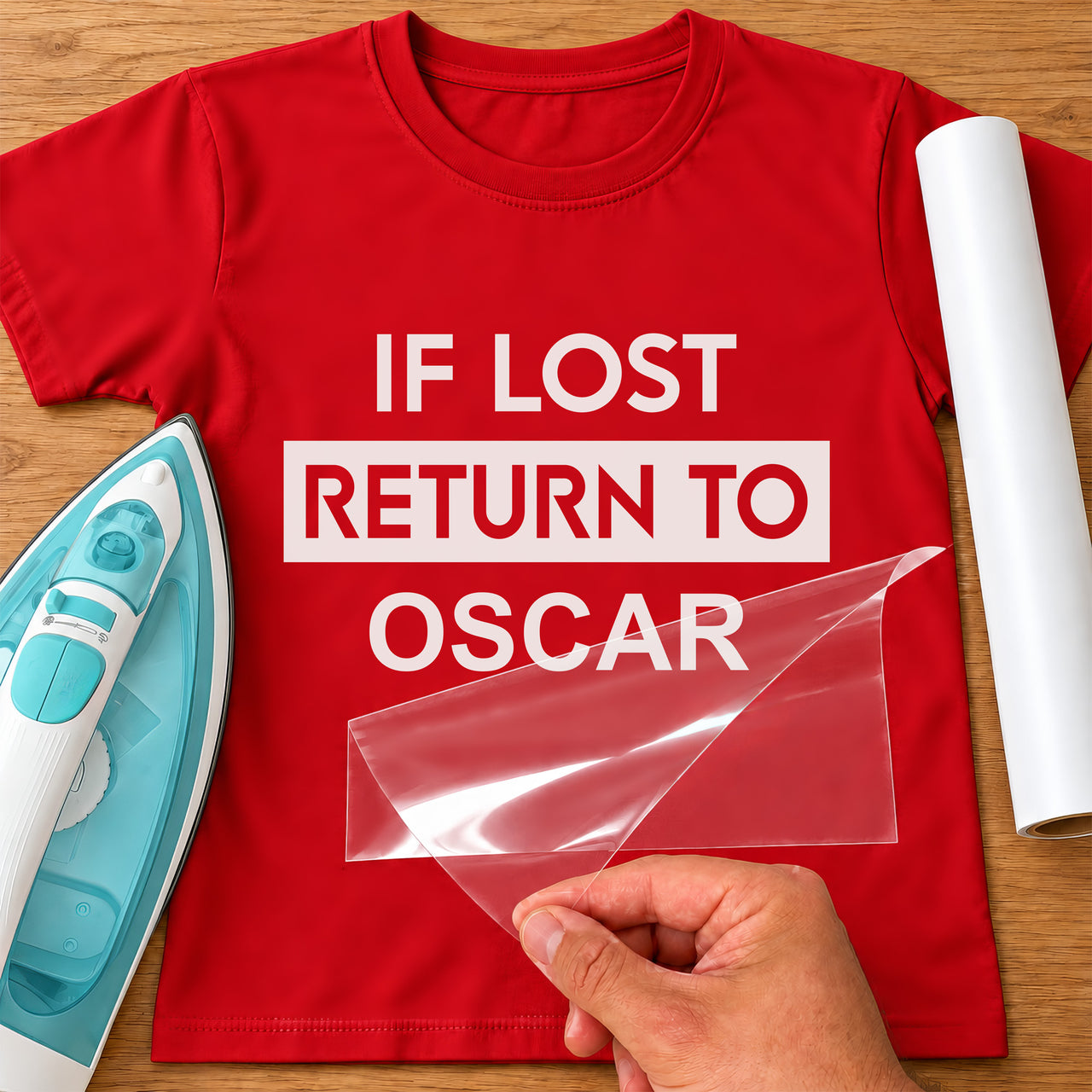 Red T-shirt with white 'IF LOST RETURN TO OSCAR' iron-on transfer, 'RETURN TO' in a white bar, iron and vinyl roll