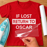 Red T-shirt with white 'IF LOST RETURN TO OSCAR' iron-on transfer, 'RETURN TO' in a white bar, iron and vinyl roll